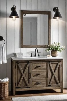 a bathroom vanity with a mirror, sink and lights on the wall next to it