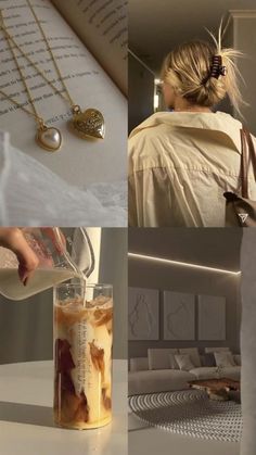 a collage of photos with various items in them including a jar, necklaces and an open book