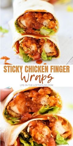 chicken finger wraps with lettuce and tomato sauce on the side, stacked together