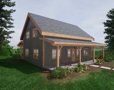 a small cabin style house with a porch and covered veranda area in the front yard