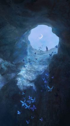 a cave filled with lots of butterflies flying around and looking out at the moon in the sky