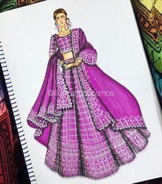 a drawing of a woman in a purple dress