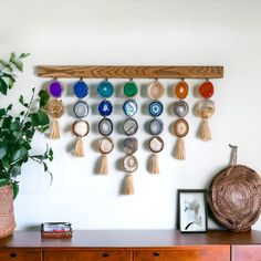 a wall hanging with tassels on it next to a potted plant