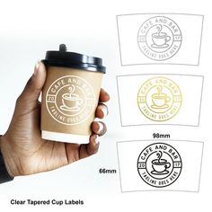 a hand holding a coffee cup with different logos on the front and back of it