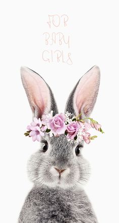 a rabbit wearing a flower crown with the words for baby girls on it's forehead