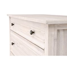 a white dresser with three drawers and knobs