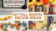 fall mantle decor ideas with sunflowers, pumpkins and other autumn decorations in mason jars