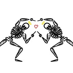 two dancing skeletons are facing each other with hearts in their eyes and arms, drawn by hand on white paper