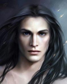 a man with long black hair and blue eyes is shown in this digital painting style