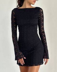 Black Regal Lace Long Sleeve Mini Dress | Sevila – motelrocks-com-us Long Sleeve Winter Dress Formal, Winter Nice Dinner Outfit, Long Sleeve Mini Dress Outfit, Classy Long Sleeve Dress, Christmas Party Outfits Fancy Classy, Lace Long Sleeve Mini Dress, Long Sleeve Black Dress, Fashion Forward Outfits, Band Fits