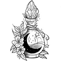 a black and white drawing of a vase with flowers on it's side, surrounded by leaves