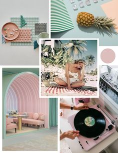 a collage of photos with pineapples, pink and mint green colors in the background