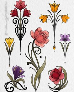 an image of flowers with swirls and leaves on white watercolor paper, set