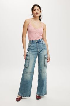 CURVY CARGO WIDE LEG JEAN Spring Washed Blue Cotton Cargo Jeans, Washed Blue Cotton Cargo Jeans, Utility Wide-leg Rigid Denim Cargo Jeans, Blue Full-length Cotton Cargo Jeans, Stretch Cotton Full-length Cargo Jeans, Clothing Jeans, Wide Jeans, Cotton On, Leg Jeans