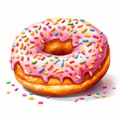 a donut with pink frosting and sprinkles