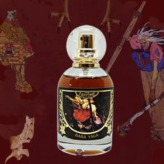 an image of a bottle of liquor with images of people and animals on the wall behind it