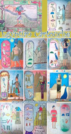 an image of egyptian art collages with children's drawings and words on them