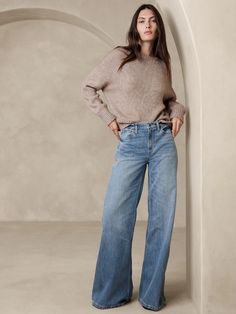 The Puddle Jean | Banana Republic Moda Over 40, Wide Leg Jeans Outfit, Moda Denim, Leg Pants Outfit, Stretch Denim Fabric, How To Hem Pants, Cute Winter Outfits, Jeans Outfit, Wide Leg Denim