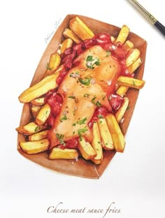 a drawing of french fries with ketchup and mustard