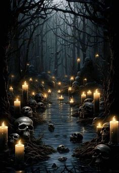 candles are lit in the dark forest with skulls floating on the water and surrounded by trees