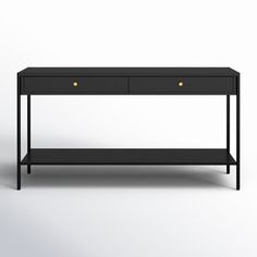 a black console table with two drawers on one side and gold knobs on the other