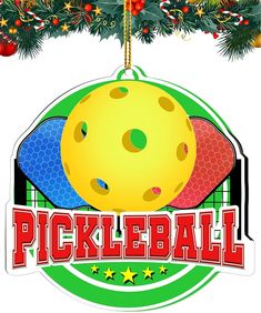 a christmas ornament that says pickleball with two bowling balls hanging from it