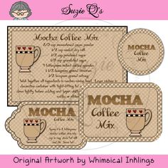 the mocha coffee mix label is shown in three different sizes and colors, including one with