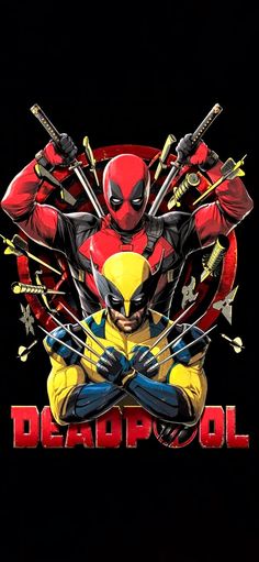 the deadpool character is surrounded by swords