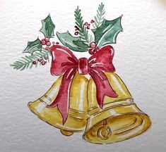 a drawing of a christmas bell with holly and red bow on it's side