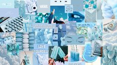 a collage of blue and white images