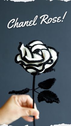 a hand holding a black and white rose with the words chanel rose on it