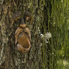 a bird flying past a tree with a face carved into it's trunk and eyes