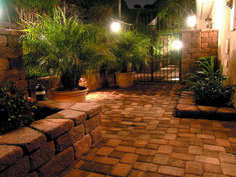 a brick walkway with potted plants and lights on the side of it at night