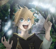 an anime character with blonde hair and blue eyes pointing to the side while standing in front of trees