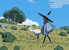 an animated image of a wizard walking through the grass with a bird in his hand