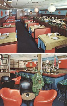 two pictures of the inside of a restaurant with tables and chairs, one in orange and blue