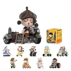 an assortment of figurines including a toy car and various other toys on a white background