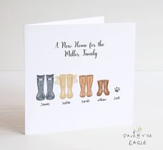 a card with three pairs of well - worn boots on it, and the words'a nice name for the miller family '