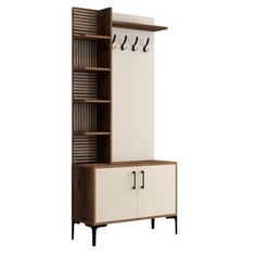 a white and brown cabinet with some hooks on it