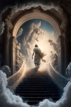 a man walking up some stairs to heaven