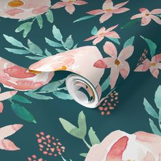 a floral wallpaper with pink flowers and green leaves on a teal blue background