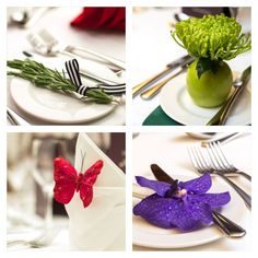 four different pictures of flowers and silverware on plates with napkins, forks and spoons