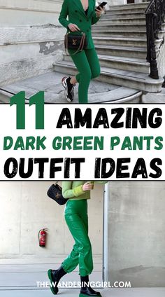 Looking for the perfect dark green pants outfit? Whether you're a woman searching for stylish dark green pants outfit women options or wondering what to wear with green pants, this color is incredibly versatile. Green pants outfits can be dressed up or down, with a simple top for casual days or a blazer for a chic office look. How to style green pants? Pair them with neutral tones, bold prints, or even a leather jacket for a cool vibe. If you're into olive green pants outfit ideas, consider adding cozy sweaters and ankle boots for a perfect fall look. With green pants for every occasion, you can easily transition from day to night with the right accessories. Get inspired with these dark green pants outfit ideas for an effortlessly chic wardrobe! Christmas Green Pants Outfit, Green Satin Joggers Outfit, Colors That Go With Green Clothes, Green Pants Work Outfit, Green Pants Outfit Black Women, Green Joggers Outfit Casual, Bottle Green Outfit