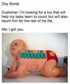 a fake baby laying on the ground with toys in it's mouth and caption that reads, toy store customer i'm & me looking for a toy that will help my baby learn to count