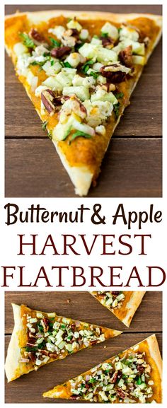 two slices of butternut and apple harvest flatbread pizza on a wooden table with text overlay