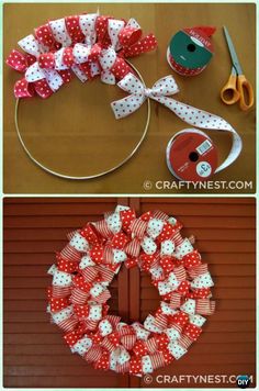 two pictures with different items on them and one has a wreath made out of ribbon