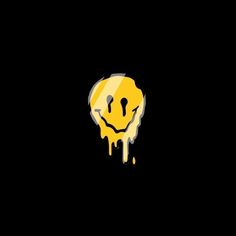 a yellow smiley face with dripping paint on it's black background, in the dark