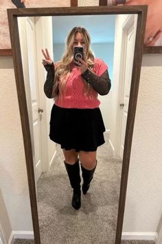 Sheer polka dot top, black skirt, boots for a playful and stylish ensemble. Plus Size Outfit Ideas, Plus Size Outfit