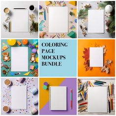 various photos with the words coloring page mockups bundle on them, including notebooks and other items