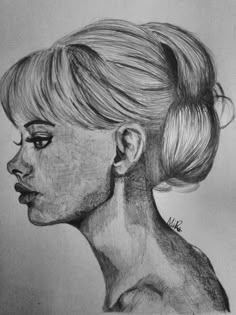 a pencil drawing of a woman's face with her hair in a high bun